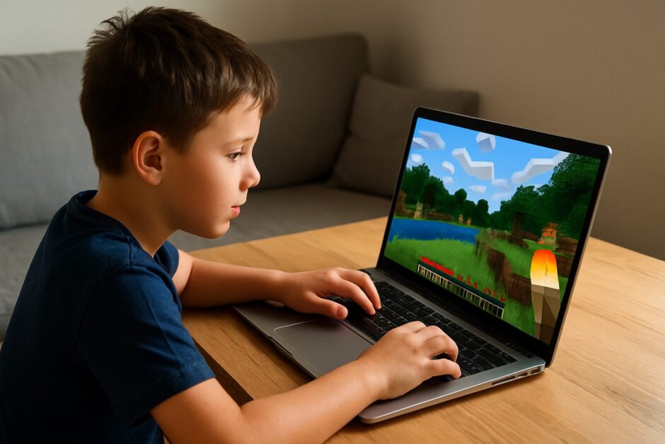 ノートパソコンでゲーム「マインクラフト」をプレイしている男の子