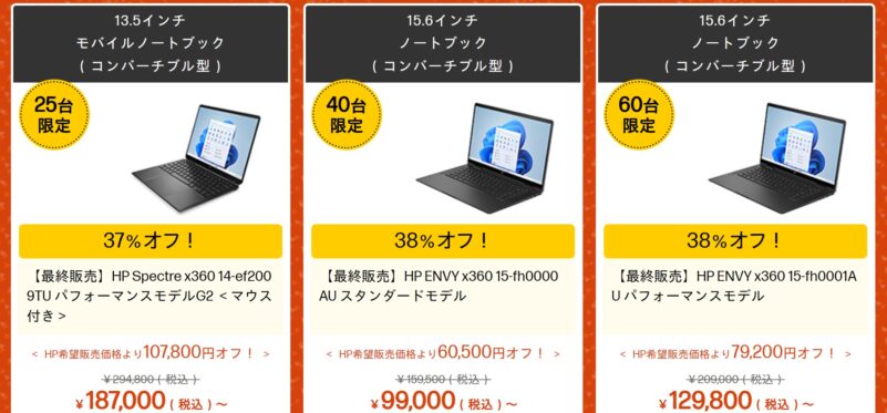 ★HPのアウトレットセールで販売しているPCモデルと割引率の例