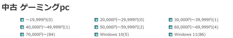 くじらやで販売されている中古ゲーミングPCの価格帯と在庫数の一覧