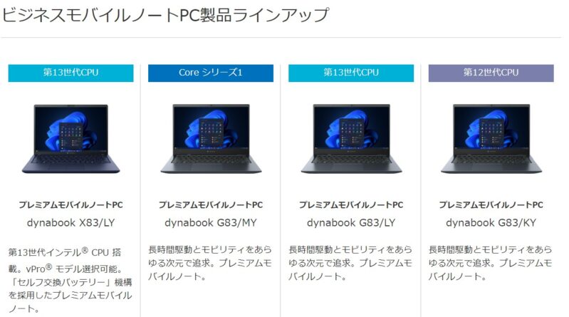 dynabookのビジネスモバイルノートPC製品ラインアップ