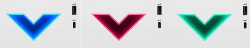 フロントパネルの「V」字のVictusロゴは、イルミネーション発光しOMEN Gaming HubからRGBライティングの設定を行うことも可能