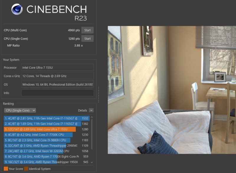 ★LIFEBOOK WU5_J3のCPUベンチマーク＠Cinebenchのシングルコアのスコア：1280pt