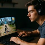 ノートパソコンでゲーム「ファイナルファンタジー14」をプレイしている男性