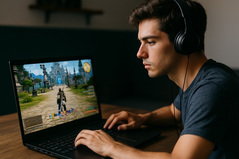 ノートパソコンでゲーム「ファイナルファンタジー14」をプレイしている男性