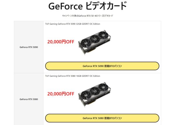 パソコンショップアークの期間限定セール「AUSビデオカード祭り」の割引対象となっているビデオカード＆割引特価の様子
