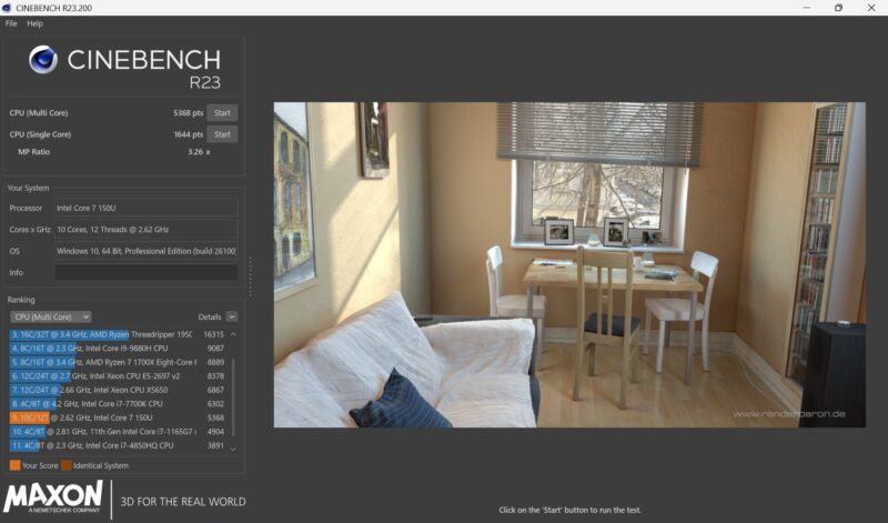 VAIO S13のスペック実測_Cinebench R23でのCPUの処理性能(マルチコア)のベンチマークテストの測定結果