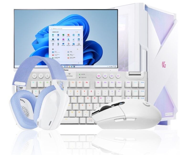 マウスコンピューターのNEXTGEAR JG-A5G60(ホワイト5点セット)の本体外観(周辺機器含む)