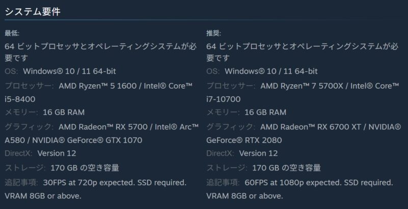 FF16STEAM版のシステム要求
