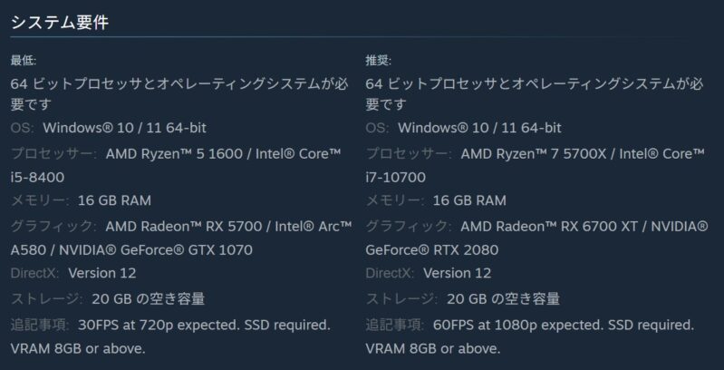 FF16のSTEAM版のシステム要件の詳細