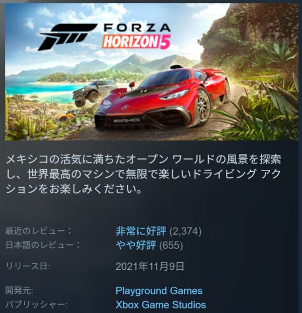 Forza Horizon 5のSTEAMでの評価