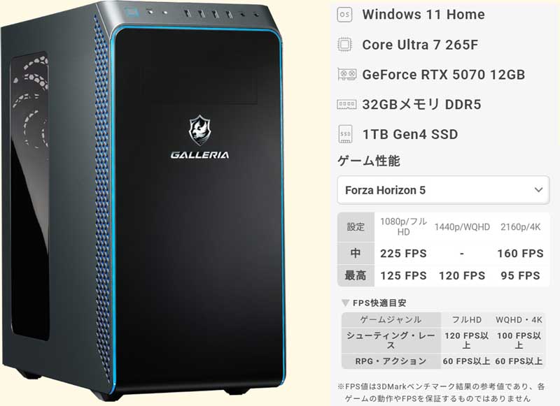 GALLERIA XA7C-R57 Intel Core Ultra搭載 Forza Horizon 5 推奨ゲーミングPCのスペック＆Forza Horizon 5のグラフィック毎のFPS目安一覧表_800背景透過