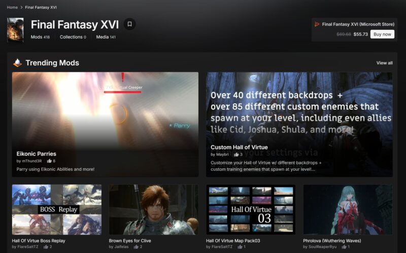 Nexus Modsで公開されているFinal Fantasy XVIのMODの様子