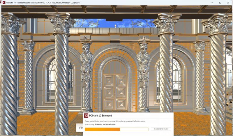 PC MARK10でCADなどのRendering and Visualizationのベンチマークスコアの実測中の様子