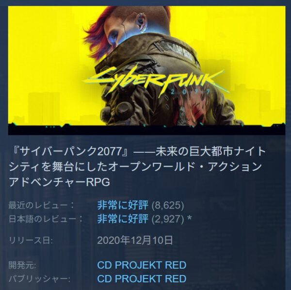 サイバーパンク2077のSTEAMでの評価