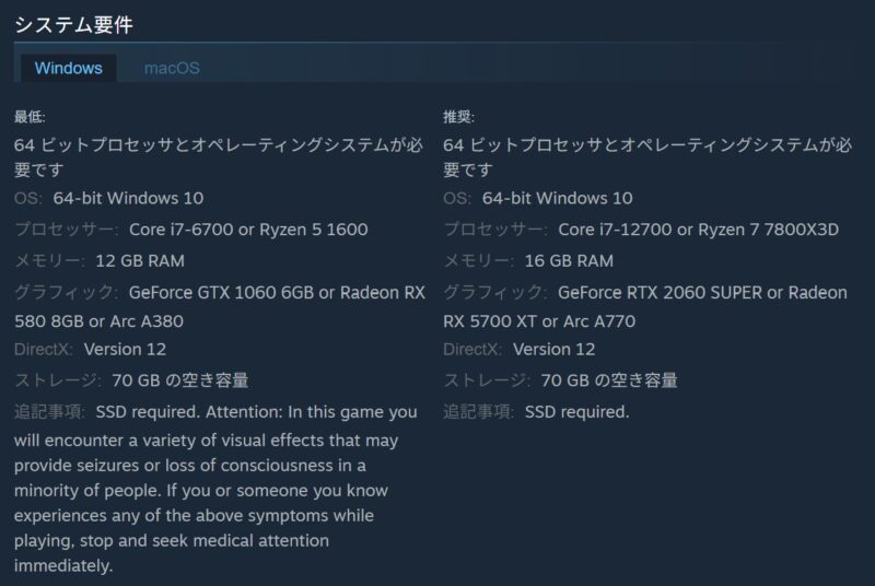 サイバーパンク2077のSTEAM版の要求スペック一覧