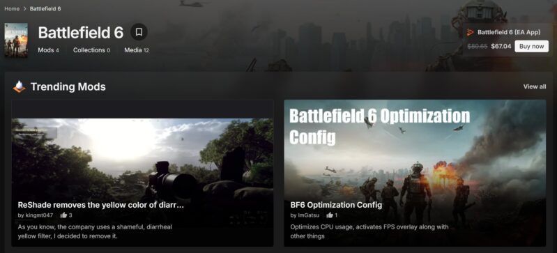 nexusmodsに公開されているバトルフィールド6のmodの種類