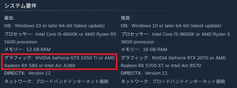 ARC RaidersのSTEAM版の推奨環境＆最低環境の公式記載のスクリーンショット