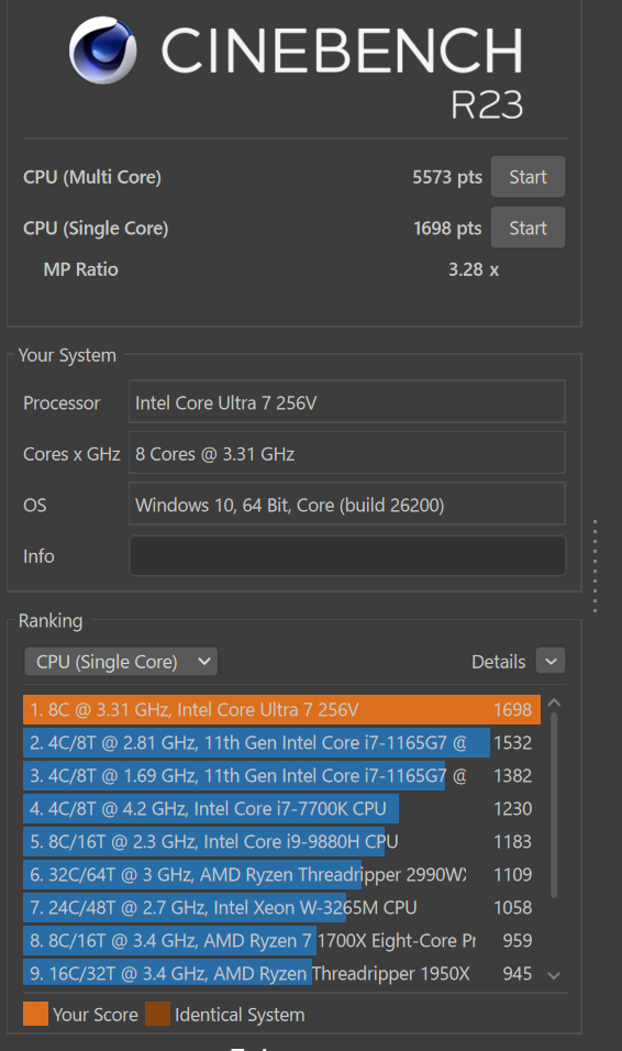 NEC NEXTREME_CinecbenchでのCPUスコア(Singleコア)