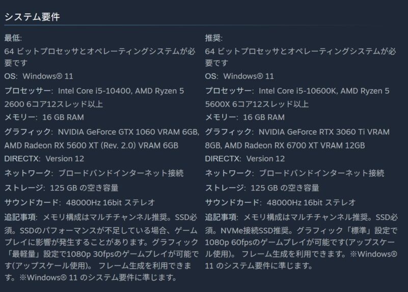 STEAM公式に記載されているARC-RaidersのSTEAM版のシステム要件のスクリーンショット