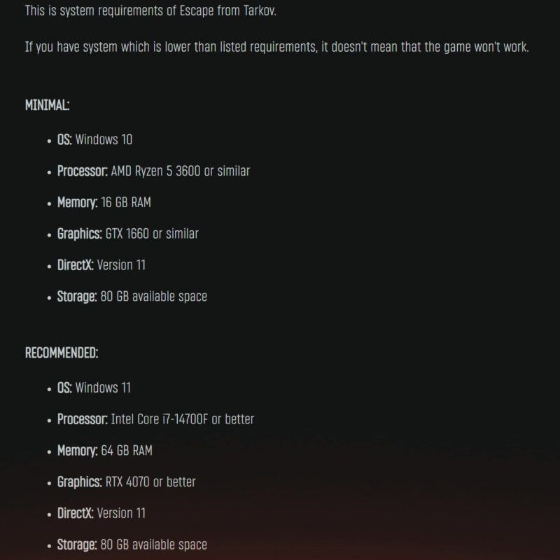 escapefromtarkov.com公式に記載されているタルコフの通常版（公式版）のシステム要件のスクリーンショット