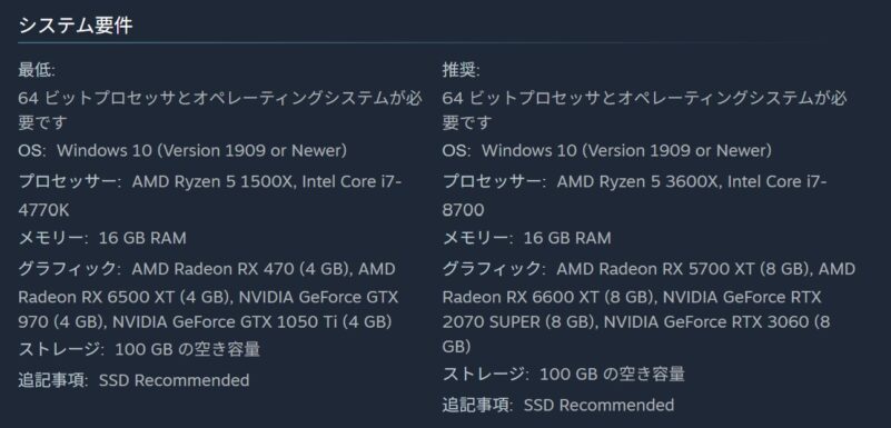 ラストオブアスⅠのSTEAM版の推奨環境と最低環境の詳細