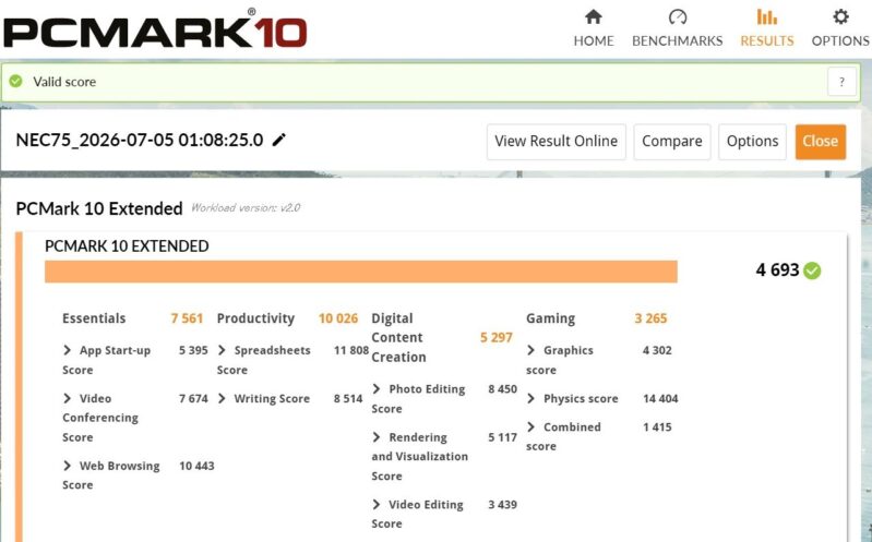 22.■■ LAVIE Direct N13 SlimのスペックをPC MARK 10で実測したスコア結果表